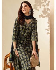 Floral Embroidered Straight Pure Cotton Kurta & Trousers Sets-JPAM178 Navy Blue