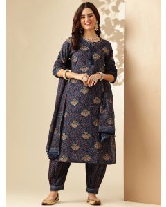 Floral Embroidered Straight Pure Cotton Kurta & Salwar Sets-JPAM182 Navy Blue