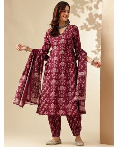 Floral Embroidered A-Line Pure Cotton Kurta & Salwar Sets-JPAM183 Maroon
