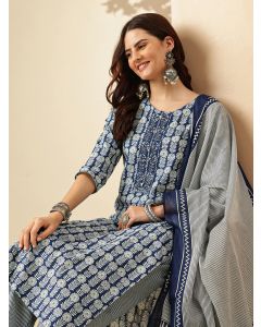 Floral Embroidered Straight Pure Cotton Kurta & Trousers Sets-JPAM185 Blue