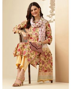 Floral Embroidered Straight Pure Cotton Kurta & Trousers Sets-JPAM187 Beige