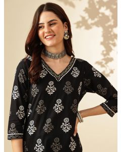 Floral Embroidered Straight Pure Cotton Kurta & Trousers Sets-JPAM189 Black