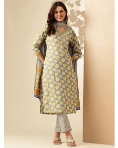Floral Embroidered Straight Pure Cotton Kurta & Trousers Sets-JPAM190 Grey