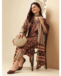 Floral Embroidered Straight Pure Cotton Kurta & Trousers Sets-JPAM191 Maroon