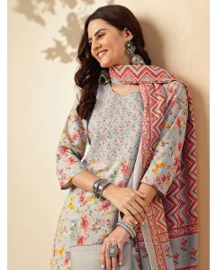 Floral Embroidered Straight Pure Cotton Kurta & Trousers Sets-JPAM192 Grey