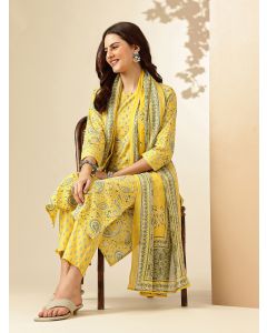 Floral Embroidered Straight Pure Cotton Kurta & Trousers Sets-JPAM193 Yellow