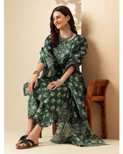 Floral Embroidered Straight Pure Cotton Kurta & Trousers Sets-JPAM194 Green