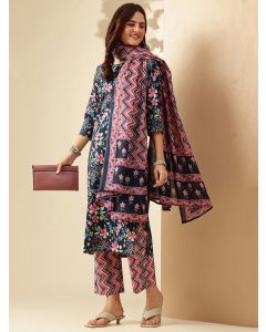 Floral Embroidered Straight Pure Cotton Kurta & Trousers Sets-JPAM196 Navy Blue
