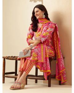 Floral Embroidered Straight Pure Cotton Kurta & Trousers Sets-JPAM197 Pink