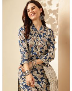 Floral Printed Straight Floral Kurta-JPAM198 Blue
