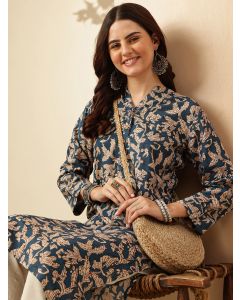 Floral Printed Straight Floral Kurta-JPAM199 Navy Blue