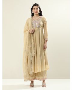 Floral Yoke Design Anarkali Georgette Flared Kurta & Palazzos Sets-Kasak Beige