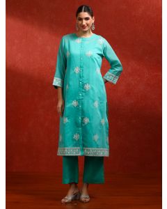 Floral Embroidered A-Line Kurta & Trousers Sets-KP_7935_Aqua
