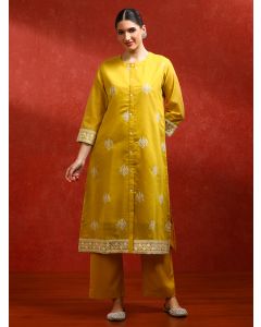 Floral Embroidered A-Line Kurta & Trousers Sets-KP_7935_Yellow