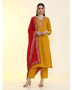 Solid Embroidered Straight Kurta & Trousers Sets-KS-NVLK-561 Mustard