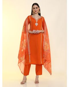Solid Embroidered Straight Kurta & Trousers Sets-KS-NVLK-611 Orange