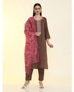 Solid Yoke Design Straight Kurta & Trousers Sets-KS-VNF-Bindiya Brown
