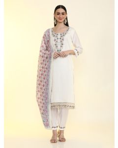 Ethnic Motifs Embroidered Straight Kurta & Trousers Sets-KS-VNF-Falguni White