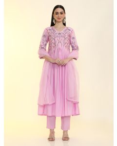 Floral Embroidered Anarkali Flared Kurta & Trousers Sets-KS-VNF-Jennet Pink