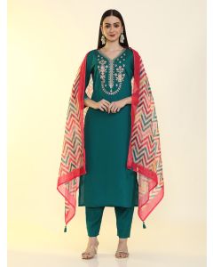 Solid Embroidered Straight Kurta & Trousers Sets-KS-VNF-Lavina Green