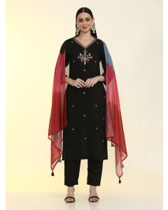 Ethnic Motifs Embroidered Straight Kurta & Trousers Sets-KS-VNF-Mallika Black