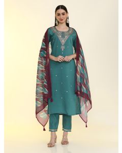 Ethnic Motifs Embroidered Straight Kurta & Trousers Sets-KS-VNF-Namrata Green