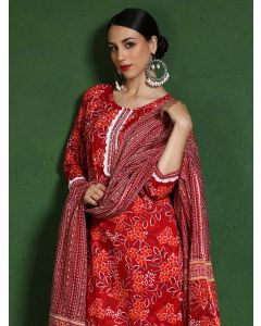 Floral Embroidered A-Line Pure Cotton Kurta & Trousers Sets-KWD001 Red