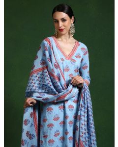Floral Embroidered Straight Pure Cotton Kurta & Trousers Sets-KWD0010 Blue