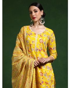 Floral Embroidered A-Line Pure Cotton Kurta & Trousers Sets-KWD002 Yellow