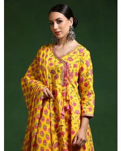 Floral Embroidered A-Line Pure Cotton Kurta & Trousers Sets-KWD0020 Yellow