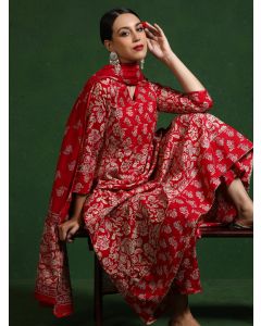 Floral Embroidered A-Line Pure Cotton Kurta & Trousers Sets-KWD0021 Red