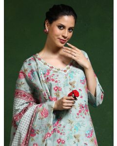 Floral Embroidered A-Line Pure Cotton Kurta & Patiala Sets-KWD004 Teal