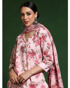 Floral Embroidered A-Line Pure Cotton Kurta & Patiala Sets-KWD004 Pink