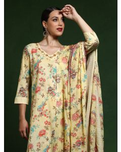 Floral Embroidered A-Line Pure Cotton Kurta & Patiala Sets-KWD004 Yellow