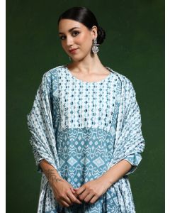 Floral Embroidered Straight Pure Cotton Kurta & Trousers Sets-KWD005 Sky Blue