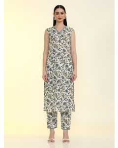 Floral Printed Cotton Blend Straight Kurta with Trousers-LF-244 White