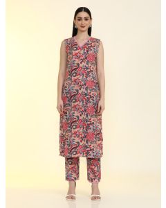 Floral Printed Cotton Blend Straight Kurta with Trousers-LF-246 Multi