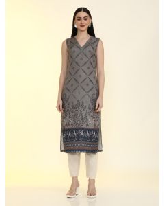 Floral Printed Straight Sleeveless Kurta-LF-251 Grey