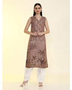 Floral Printed Straight Sleeveless Kurta-LF-255 Brown