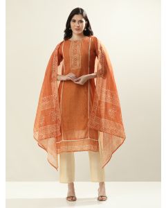 Floral Printed Silk Blend Straight Kurta & Trousers Sets-LF-293 Orange