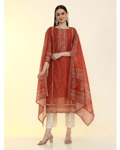 Floral Printed Silk Blend Straight Kurta & Trousers Sets-LF-294 Red