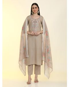 Floral Embroidered Cotton Blend Straight Kurta & Trousers Sets-LF-322 Grey