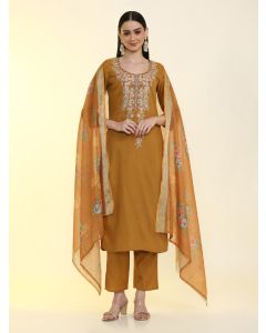 Floral Embroidered Cotton Blend Straight Kurta & Trousers Sets-LF-324 Mustard