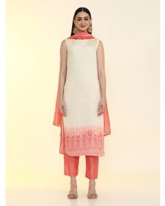 Floral Embroidered Silk Blend Straight Kurta & Trousers Sets-LF-Indu Peach