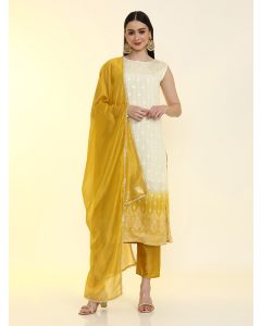 Floral Embroidered Silk Blend Straight Kurta & Trousers Sets-LF-Indu Yellow