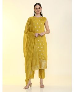 Geometric Embroidered Silk Blend Straight Kurta & Trousers Sets-LF-Pankhudi Mustard