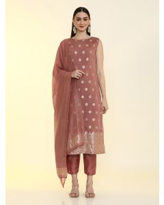 Geometric Embroidered Silk Blend Straight Kurta & Trousers Sets-LF-Pankhudi Peach