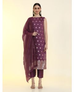 Geometric Embroidered Silk Blend Straight Kurta & Trousers Sets-LF-Pankhudi Wine