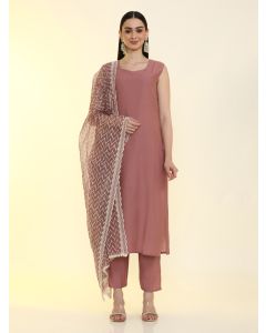 Solid Straight Silk Blend Straight Kurta & Trousers Sets-LF-Siya-258 Mauve