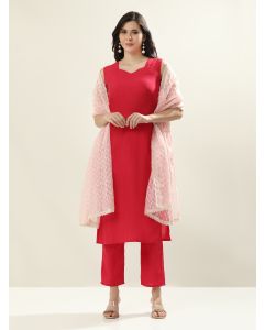 Solid Straight Silk Blend Straight Kurta & Trousers Sets-LF-Siya-261 Fuchsia